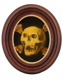ANTIQUE 19TH C OIL PAINTING SKULL AND CROSSBONES