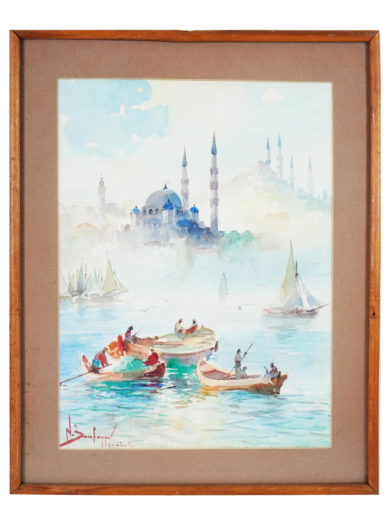 ISTANBUL WATERCOLOR PAINTING BY NIKOLAI SARAPHANOFF: Watercolor on paper painting by Nikolay Saraphanoff, or Sarafanov, a Russian emigre artist active in Istanbul, Turkey, in the 1920s to 1930s, president of the society of Russian artists in Istanbul. T