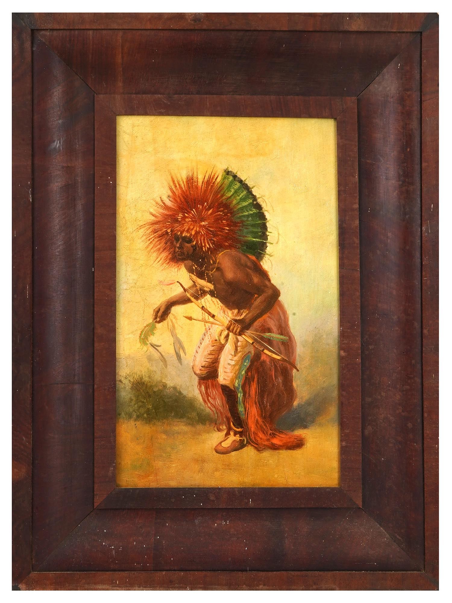 MOENNITARRI PORTRAIT OIL PAINTING AFTER KARL BODMER: A vintage oil painting on board depicting a portrait of Moennitarri warrior in the costume of the dog danse after the original illustration by Karl Bodmer for Maximilian zu Wied Neuwieds, Reise in das