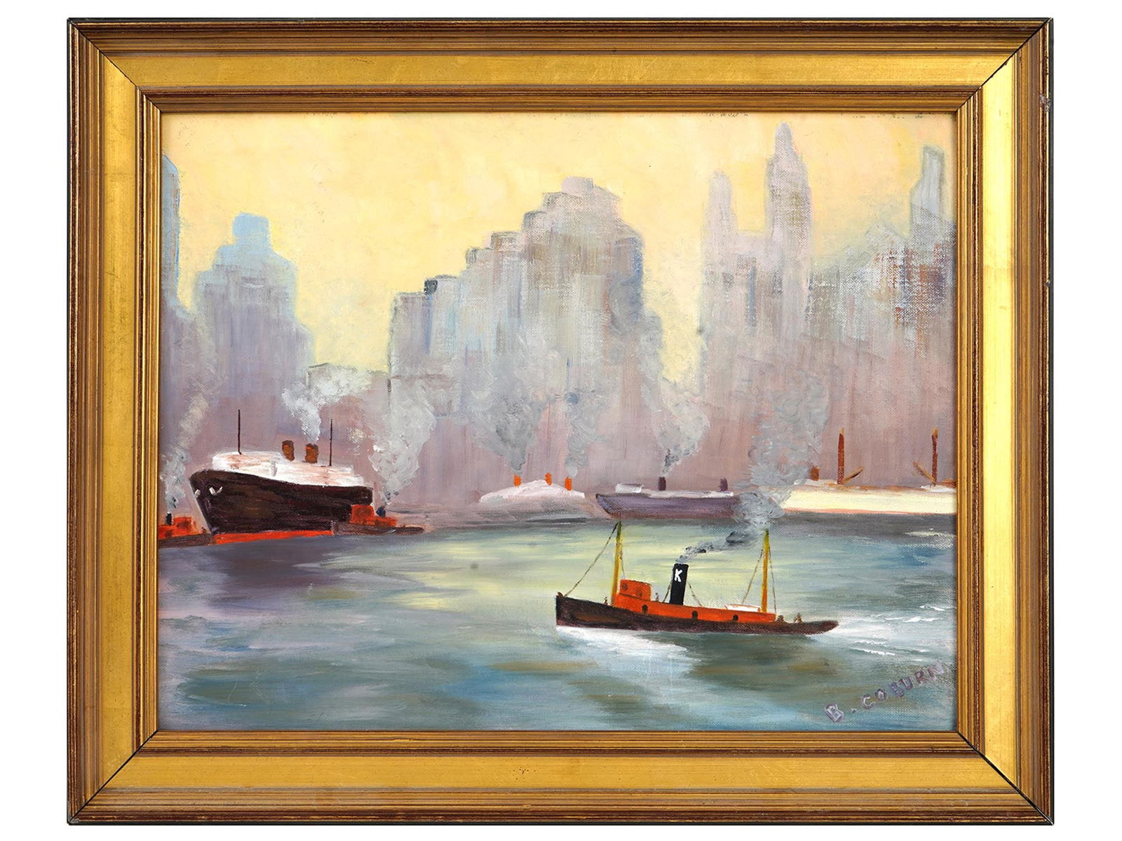ATTRIBUTED TO IVOR B COBURN IRISH OIL PAINTING: Attributed to Ivor B. Coburn, Irish, born 1934, oil painting on masonite board depicting a port scene with ships. Signed lower right. Framed. Ivor Coburn made a living by teaching art in a Northern Ir