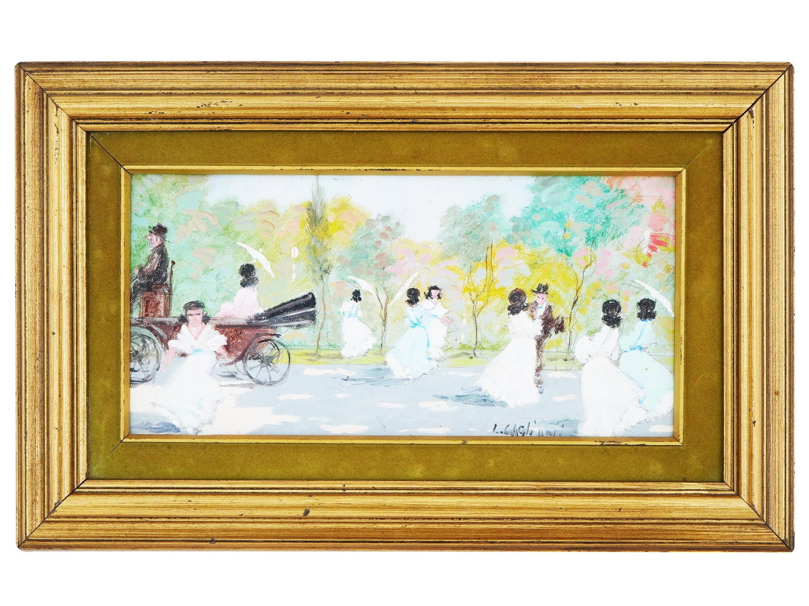 ITALIAN GENRE SCENE OIL PAINTING BY LUIGI CAGLIANI: Luigi Cagliani, Italian, 1910 to 1987, oil painting on canvas mounted on board depicting a street scene. Signed lower right. Luigi Cagliani was an Italian Impressionist who worked in the first half of