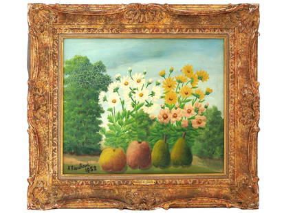 MID 20TH CEN FRENCH OIL PAINTING BY ANDRE BAUCHANT: Andre Bauchant, French, 1873 to 1958, oil painting on board depicting fruits and flowers in a landscape, 1953. Signed and dated, lower left. Framed. A gold tone late, inscribed with the name of the ar