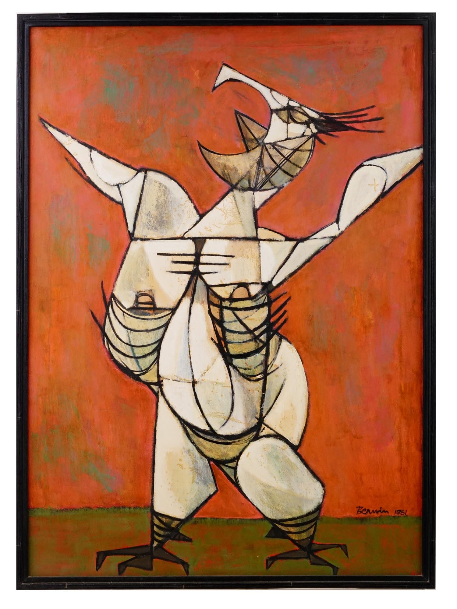 1961 CUBIST REICHSADLER PAINTING BY MILTON BERWIN: A vintage, 1961, Cubist Reichsadler acrylic painting on canvas by Milton Berwin, 1925 to 2023. The painting, in a Cubist style, satirizes the official symbol of Nazi Germany, depicts a plucked eagle, 