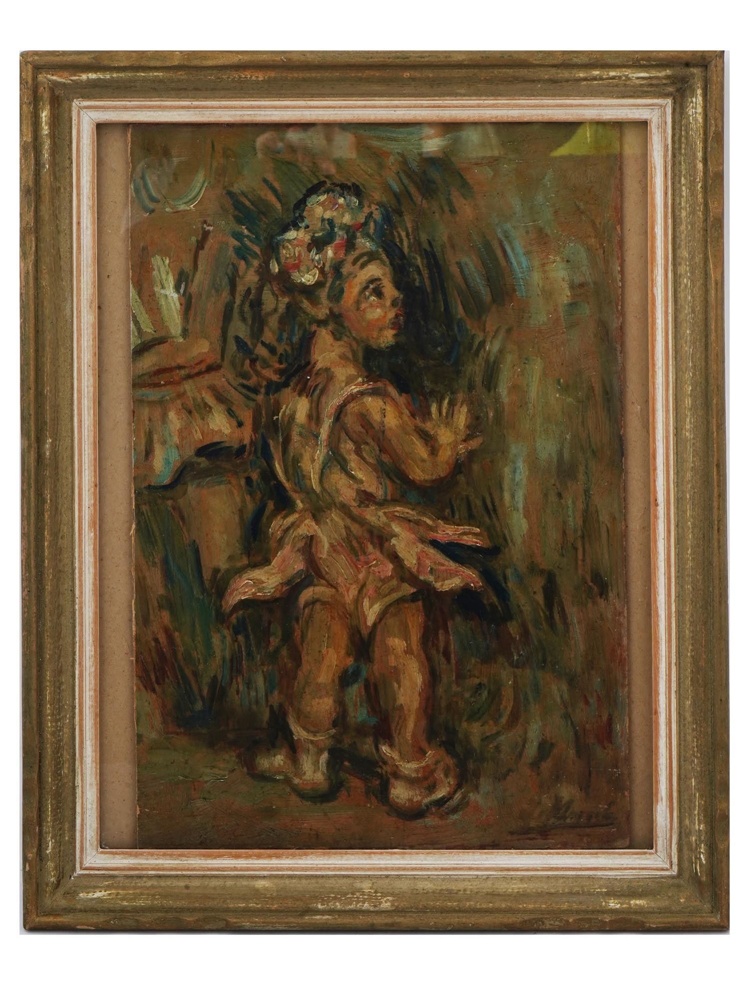 ATTR TO REGINALD MARSH AMERICAN PORTRAIT OIL PAINTING: Attributed to Reginald Marsh, American, 1898 to 1954, oil painting on masonite board depicting a portrait of a dancing young lady. Signed lower right. Framed. Reginald Marsh was an American painter, b