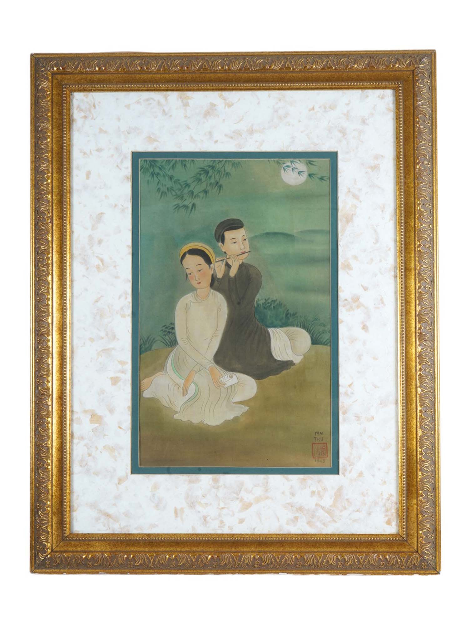ATTR TO MAI TRUNG THU VIETNAMESE WATERCOLOR PAINTING: Attributed to Mai Trung Thu, Vietnamese, French, 1906 to 1980, ink and watercolor painting on silk, depicting a double portrait of a couple in a landscape, 1943. Signed in Latin and with Calligraphy,