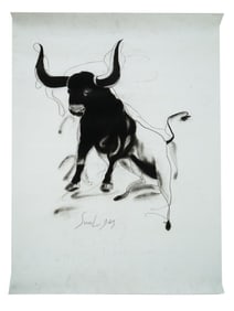 ATTR TO SUNIL DAS INDIAN BULL CHARCOAL PAINTING