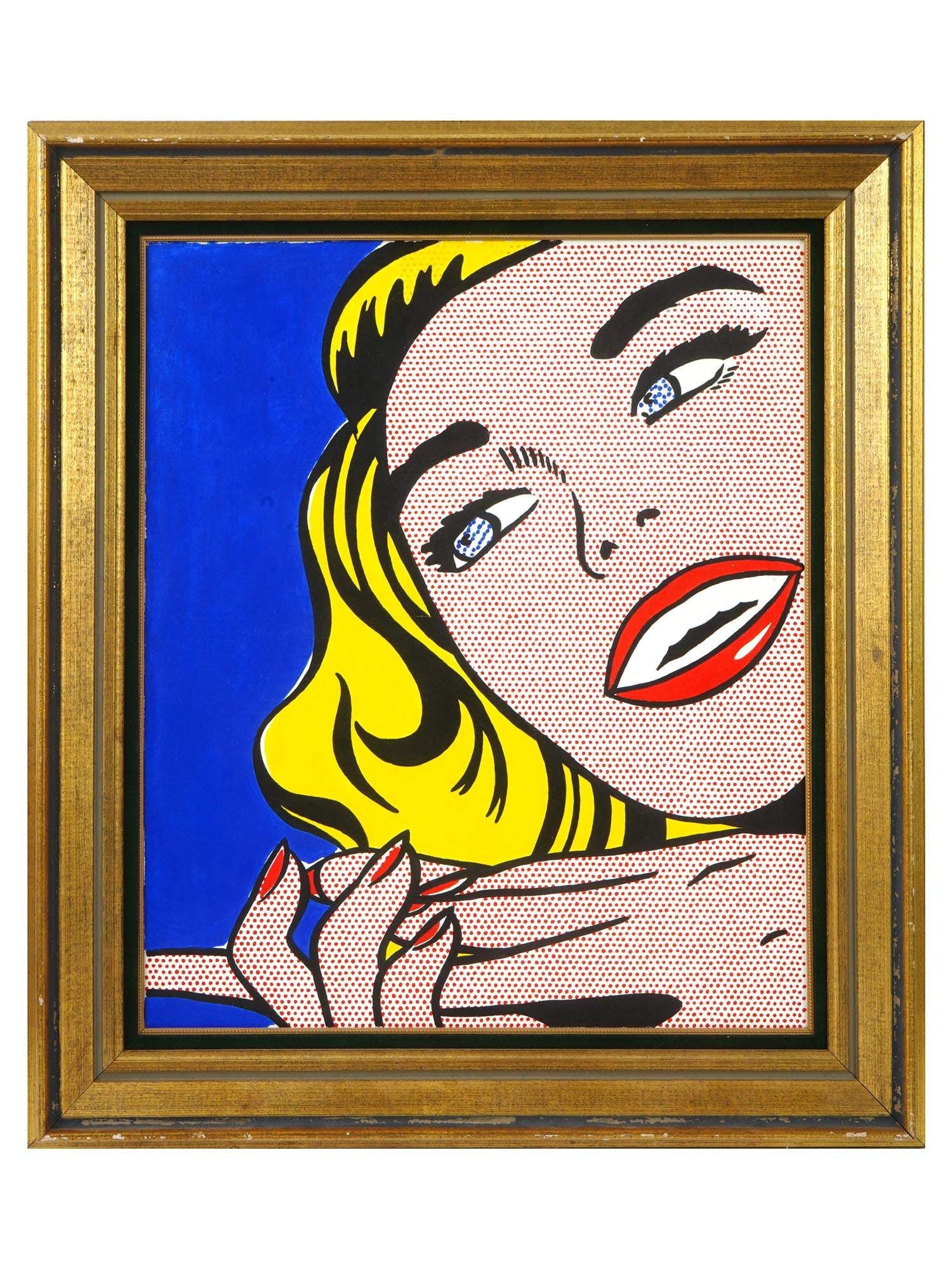 ACRYLIC PORTRAIT PAINTING AFTER ROY LICHTENSTEIN: An acrylic painting on canvas after the original artwork from the One Cent Life portfolio, 1963, by Roy Lichtenstein, American, 1923 to 1997. Inscribed and dated 1964, on the backside. Framed. Roy Fox
