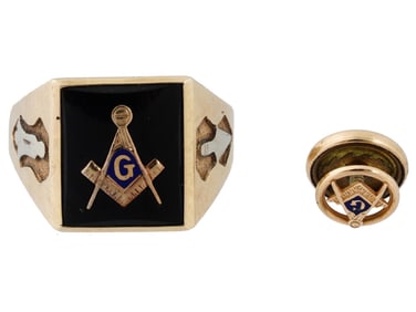 GOLD BLACK ONYX MENS MASONIC SIGNET RING AND PIN