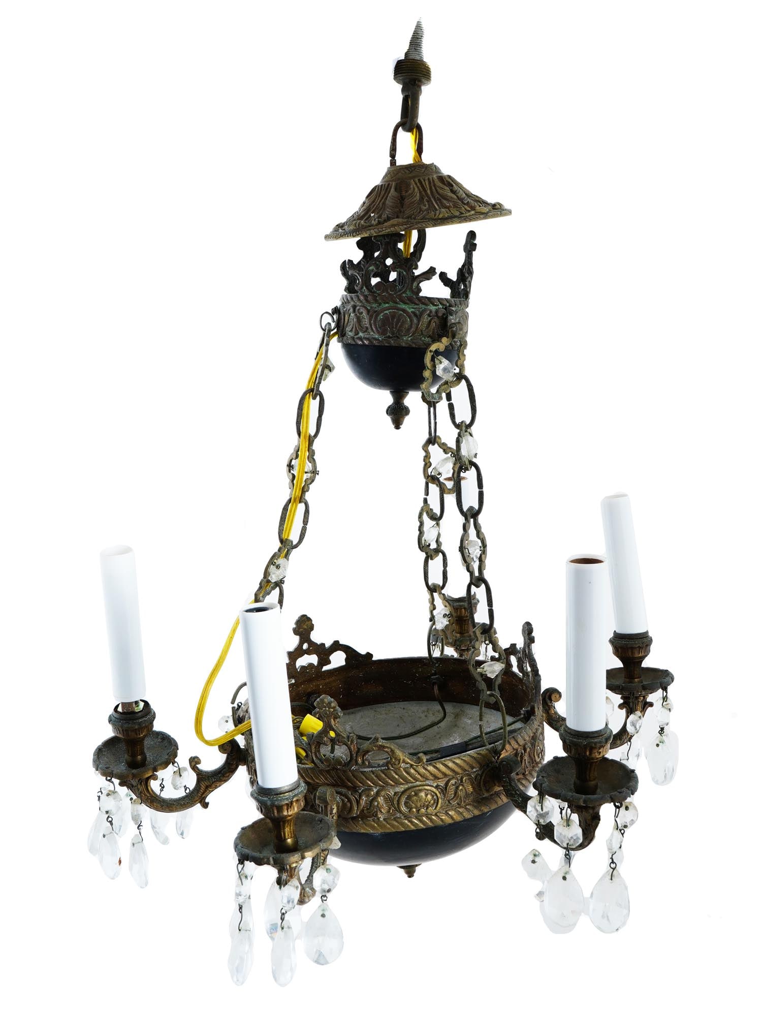 ANTIQUE EARLY 20TH C BRONZE AND GLASS CHANDELIER (1 of 4)