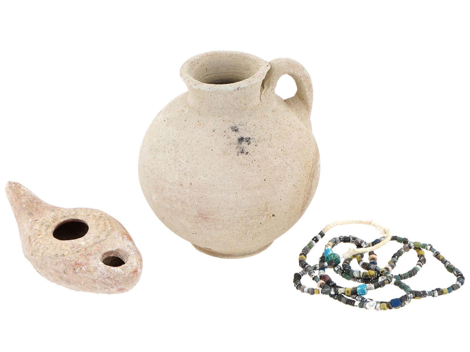 ANCIENT ROMAN TERRACOTTA PITCHER AND LAMP AND NECKLACE (1 of 6)