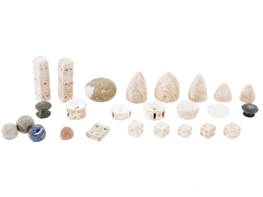 ANCIENT CARVED STONE GAMBLING PIECES DICE AND CHIPS