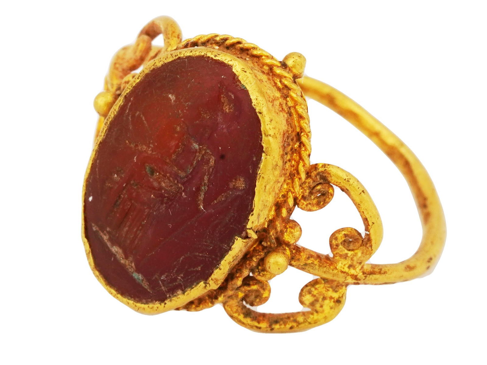 ANCIENT GREEK GOLD INTAGLIO CARNELIAN STONE RING (1 of 5)