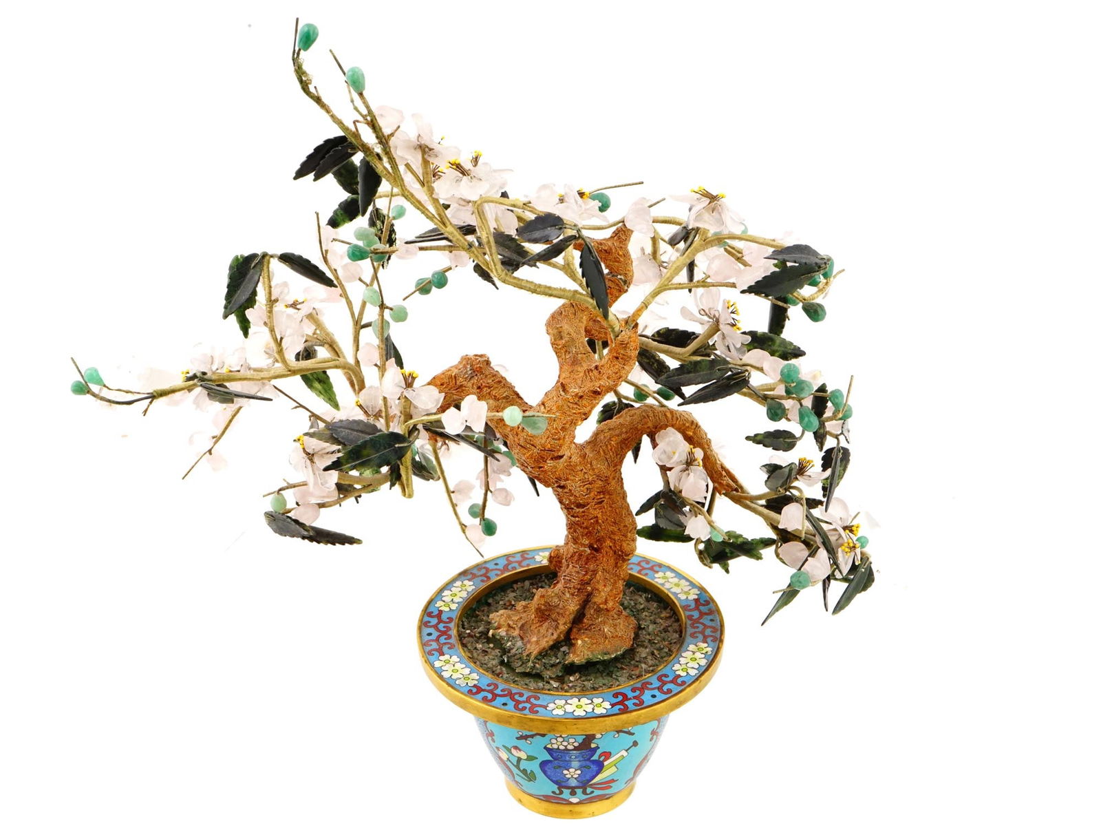 CHINESE CARVED BONSAI SAKURA TREE IN CLOISONNE POT (1 of 9)