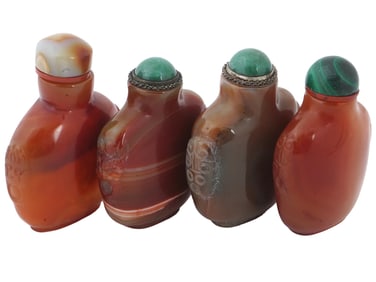 ANTIQUE CHINESE AGATE AND MALACHITE SNUFF BOTTLES