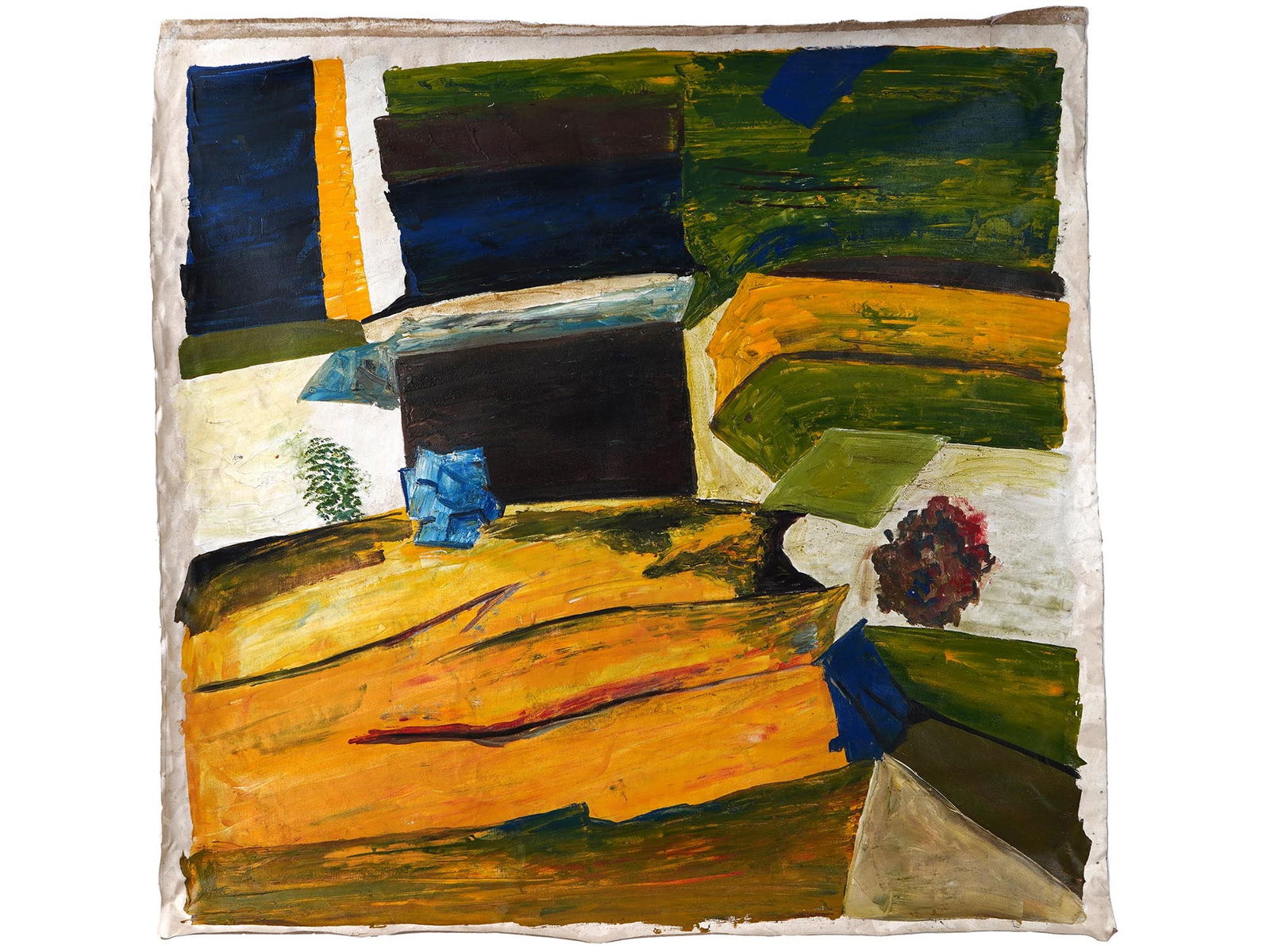 RAM KUMAR INDIAN ABSTRACT ACRYLIC PAINTING WITH COA: Acrylic on paper painting by Ram Kumar, 1924 to 2018, an Indian artist and writer associated with the Progressive Artists Group in Bombay. The artwork represents an abstract composition in yellow, blu