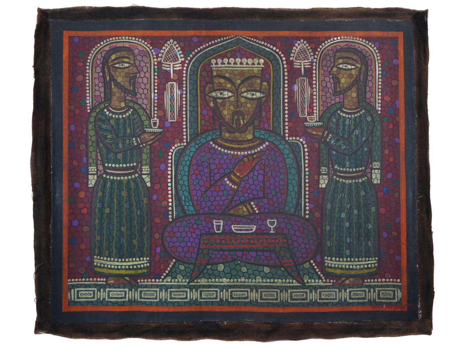 ATTR TO JAMINI ROY INDIAN COURT SCENE PAINTING (1 of 4)