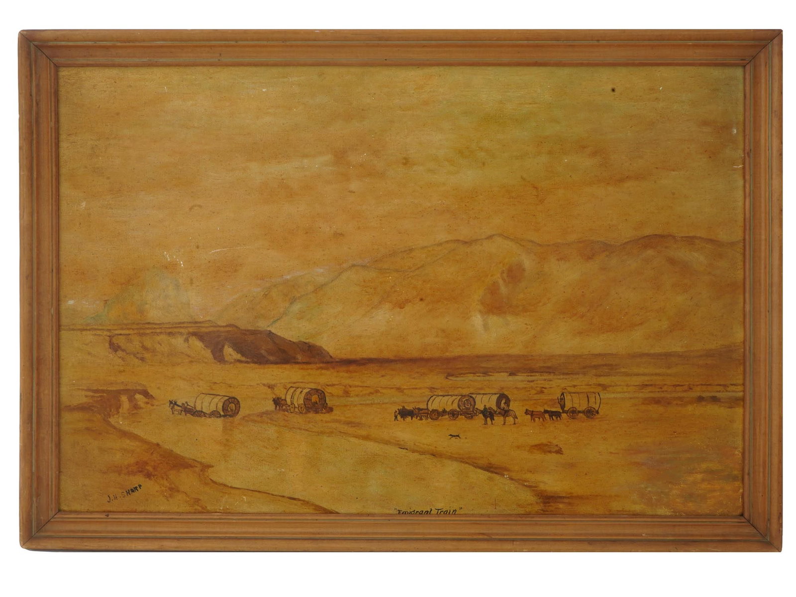 AMERICAN ATTR TO JOSEPH HENRY SHARP OIL PAINTING: Attributed to Joseph Henry Sharp, American, 1859 to 1953, oil painting on board titled Emigrant Train depicting a landscape of the American Old West with settlers wagons. Signed lower left. Titled low