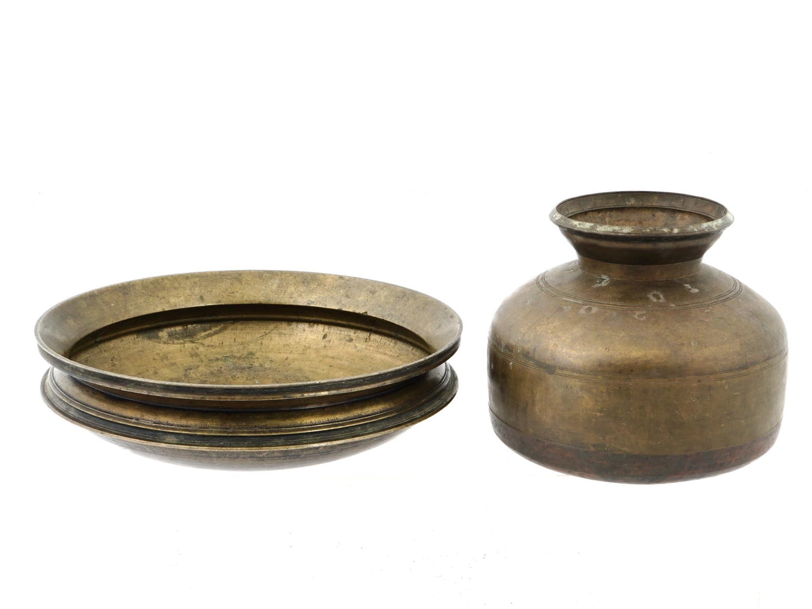 ANTIQUE INDIAN BRONZE ITEMS URLI BOWL AND JUG (1 of 3)