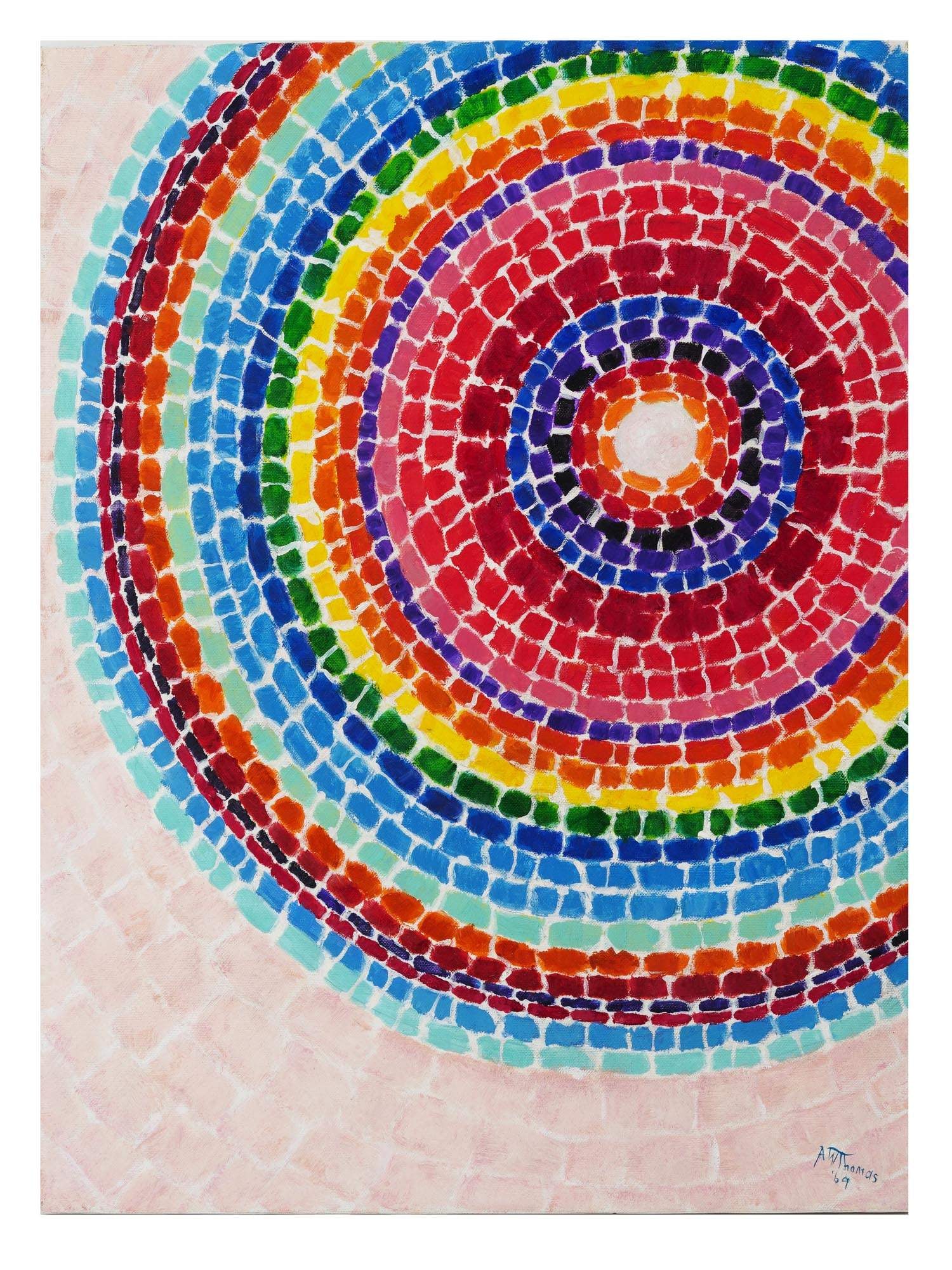 ATTR ALMA THOMAS ABSTRACT AMERICAN ACRYCLIC PAINTING: Attributed to Alma Woodsey Thomas, Afro American, 1891 to 1978, acrylic painting on canvas, Spring Flowers, depicting an abstract optical composition, 1969. Signed and dated, lower right. Additionally