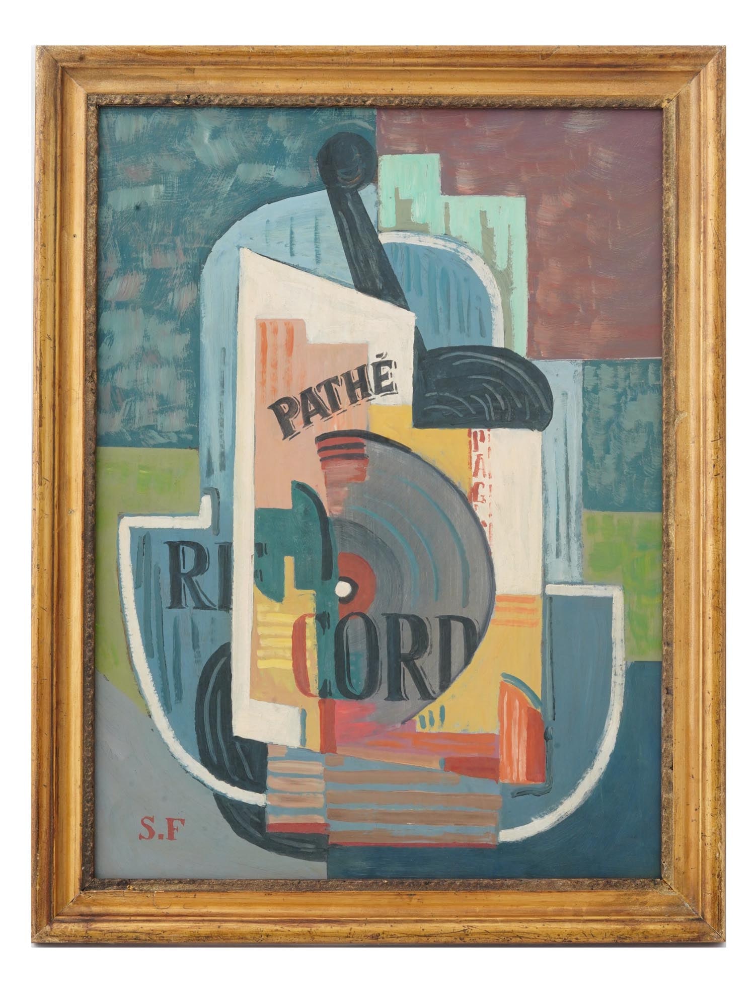 STYLE OF SUZY FRELINGHUYSEN OIL ABSTRACT PAINTING: An oil on board Cubist painting in the style of Suzy Frelinghuysen, 1911 to 1988. Signed with initials lower left. Framed. Suzy Frelinghuysen, also known as Susie Morris, was an American abstract pain