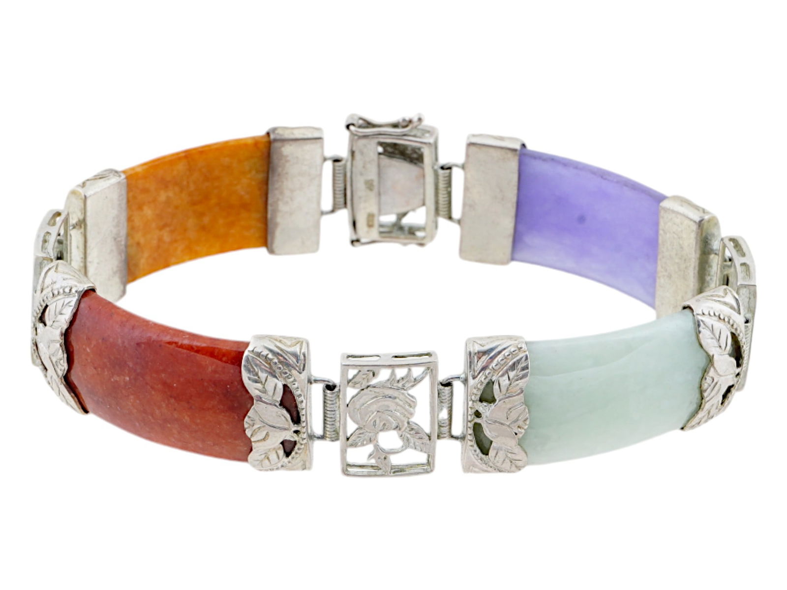 CHINESE STERLING SILVER JADE AND HARD STONE BRACELET (1 of 6)