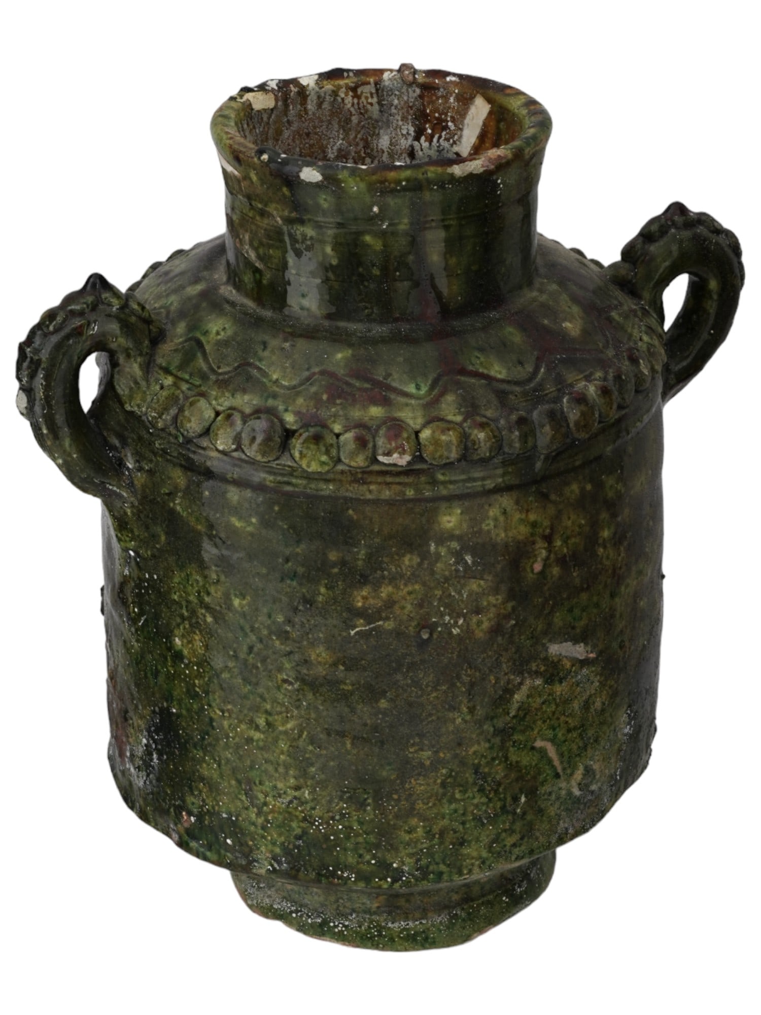 ANTIQUE OTTOMAN PERIOD GREEN GLAZED JAR WITH HANDLES: An antique glazed jar from the Ottoman period, featuring a dark green robust, rounded body with two small, looped handles on either side. The handles are adorned with relief ornaments. The neck of the