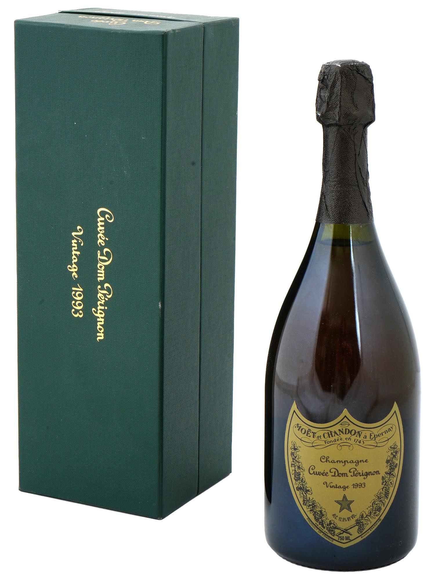 VINTAGE 1993 CUVEE DOM PERIGNON CHAMPAGNE IOB: A vintage champagne Cuvee Dom Perignon 1993 in a box. Produced by Champagne Moet and Chandon Imported by Schieffelin and Somerset Co., New York. Dom Perignon is a brand of vintage Champagne. It is nam