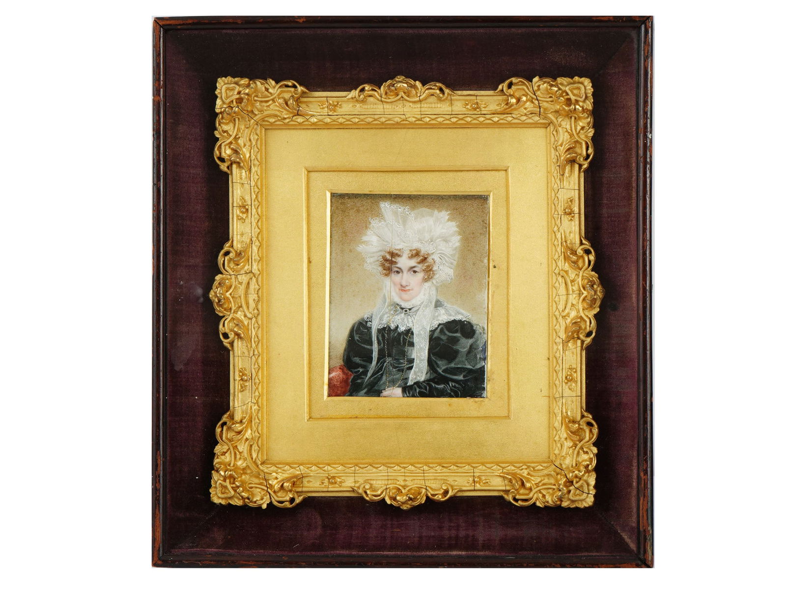 VTG MINIATURE PORTRAIT PAINTING ON PLASTIC PANEL: A miniature oil portrait painting on a plastic panel. The fine painting depicts a portrait of an aristocrat woman in a magnificent lush dress: in a black silk dress, a lace headdress and collar, with