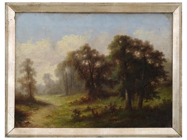 ANTIQUE 19TH C FOREST LANDSCAPE OIL PAINTING SIGNED