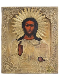 ANTIQUE 19TH C RUSSIAN ICON OF CHRIST IN SILVER RIZA