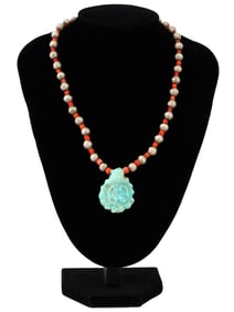 ORIENTAL MANNER BEAD DESIGN CORAL NECKLACE W PENDANT