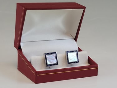 18K GOLD CHANNEL SAPPHIRES MOTHER OF PEARL CUFFLINKS