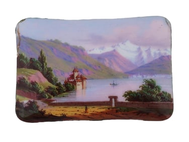 ANTIQUE SWISS ENAMEL PLAQUE WITH CHILLON CASTLE