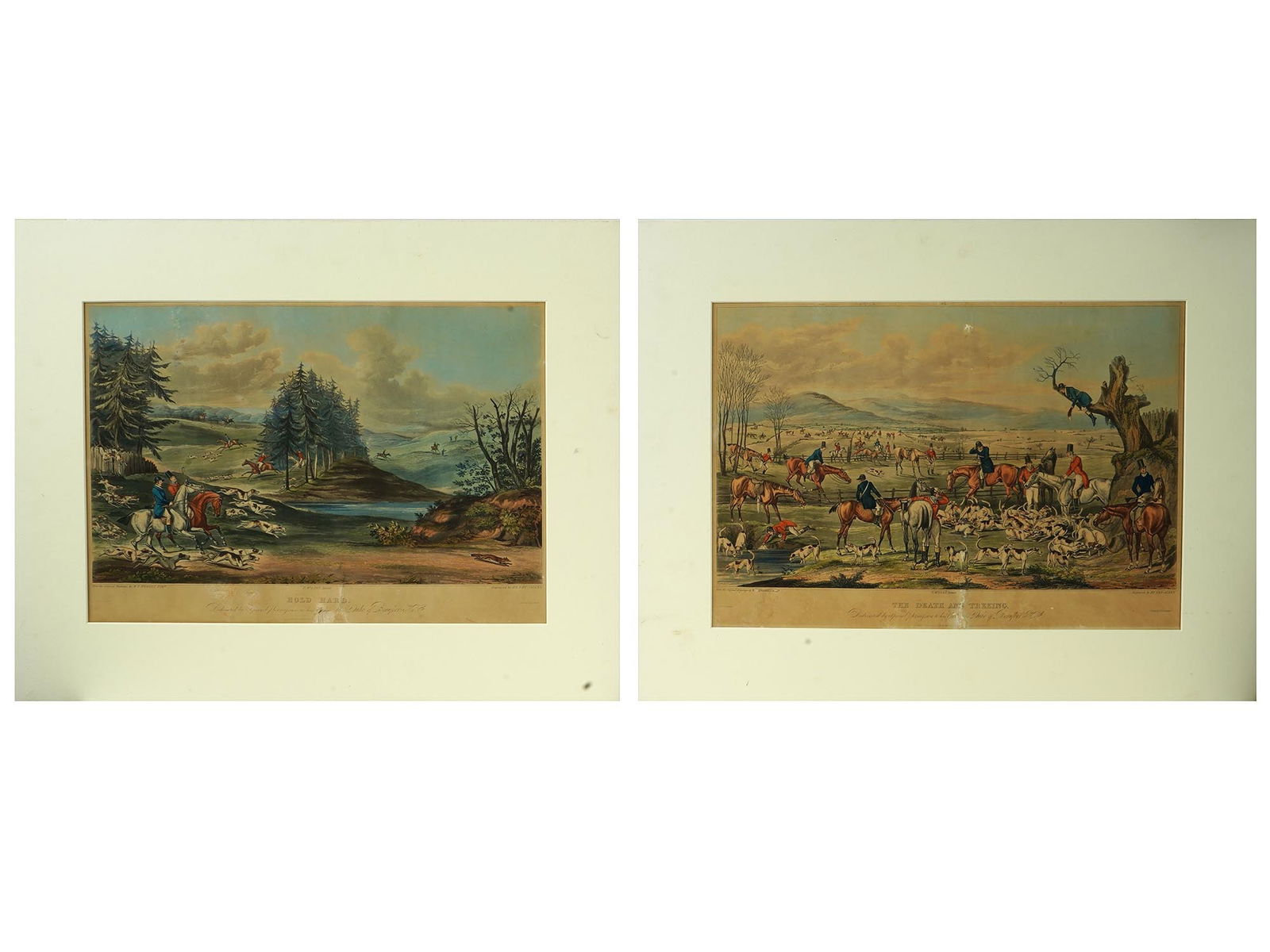 ANTIQUE 19TH C AQUATINT ETCHINGS AFTER WALTER HODGES: Two antique aquatint etchings on paper titled Hold Hard and The Death And Treeing engraved by Henry Thomas Alken after original drawings by Walter Parry Hodges, British, 1760 to 1845. Colored by F. Ro