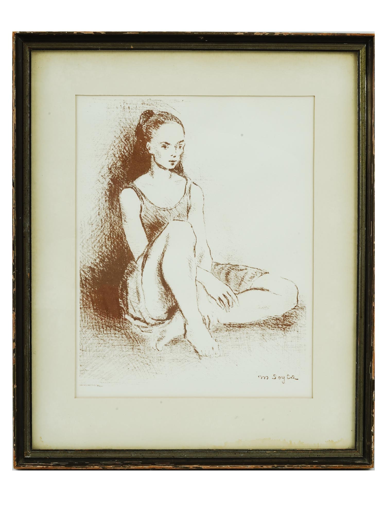 AMERICAN BALLET DANCER LITHOGRAPH BY MOSES SOYER: Moses Soyer, American, 1899 to 1975, ballet dancer lithograph. Signed lower right. ?ertificate of authenticity on the backside. The artwork depicts the seated on the floor young dancer. Matted and fra