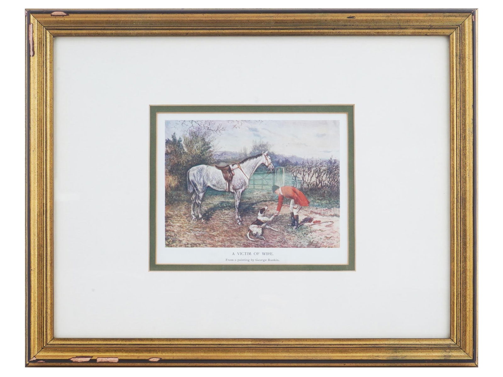 VTG ENGLISH GEORGE RANKIN A VICTIM OF WIRE PRINT: George Rankin, English, 1864 to 1937, a vintage color print on paper after the original painting A Victim of Wire. The artwork depicts a genre scene with a gentleman examining a wounded hunting dog wi