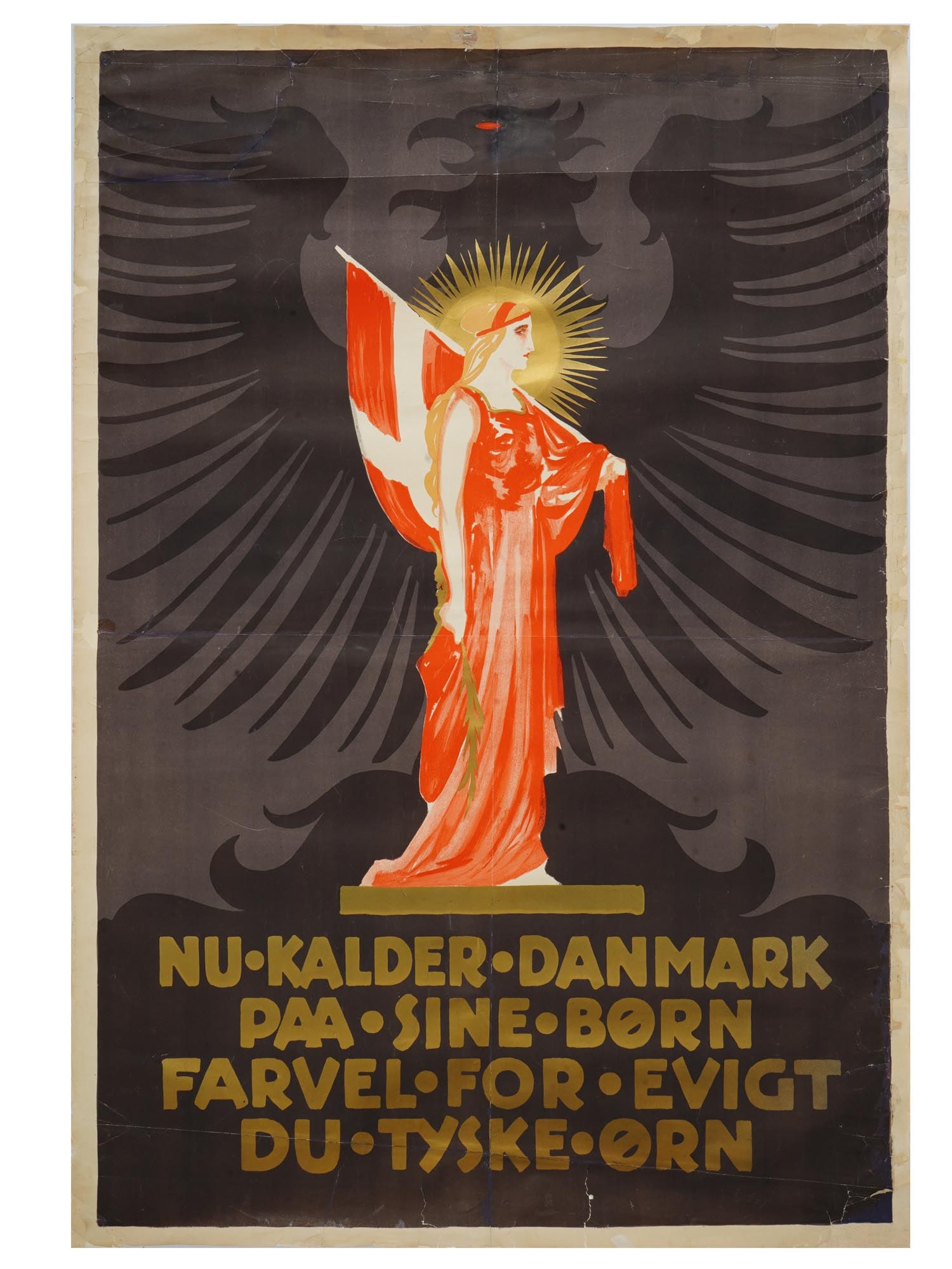 ANTIQUE DANISH PROPAGANDA POSTER BY BOGELUND JENSEN: An antique lithographic propaganda poster, Allegory of Denmark and Germany from the referendum of Slesvig and Holstein 1920, designed by Thor Bogelund Jensen, Danish, 1890 to 1959 in connection with t