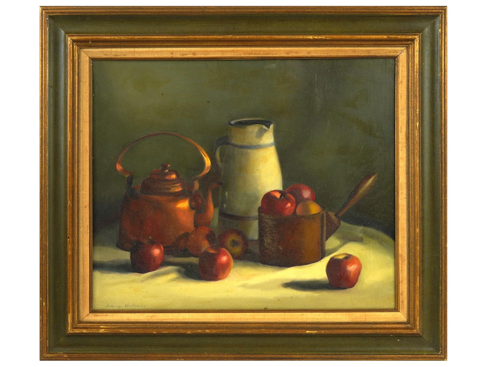 AMERICAN GLORIA WILLIAMS REALIST STILL LIFE PAINTING: A vintage American Realist still life oil painting on canvas by Gloria Williams. Circa 1960s. The still life painting depicts a teapot, a jug, and apples laid out on a table on a white tablecloth. Sig