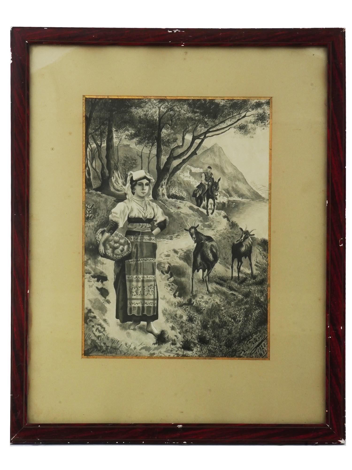 FRENCH INK PAINTING ON PAPER BY A FRISON 1920: A vintage French ink painting on paper by A. Frison, 1920. The painting depicts a young woman in national costume with a basket of apples walking goats against the backdrop of a mountain landscape. Ma