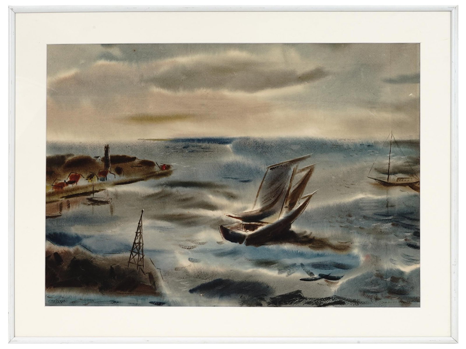 RICHARD SUSSMAN AMERICAN WPA-STYLE PAINTING: Richard N. Sussman, American, 1908 to 1971, a Modernist WPA style painting depicting a harbor with a sailing ship. Signed by the artist in the lower right. White mat, white frame. Note: The WPA progra