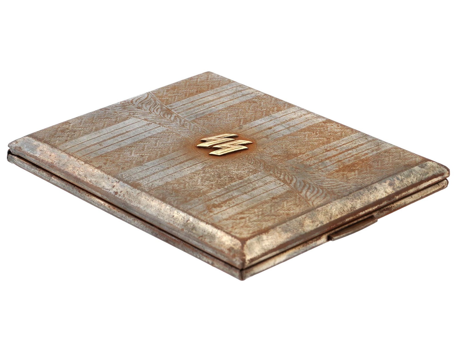 WWII MODEL NAZI GERMAN SS CIGARETTE CASE: A World War II model Nazi German steel cigarette case with hinged lid. Ornamentally engraved surface with gilt overlay SS runes on the front lid. The case is gilt inside, marked RZM. Second World War 