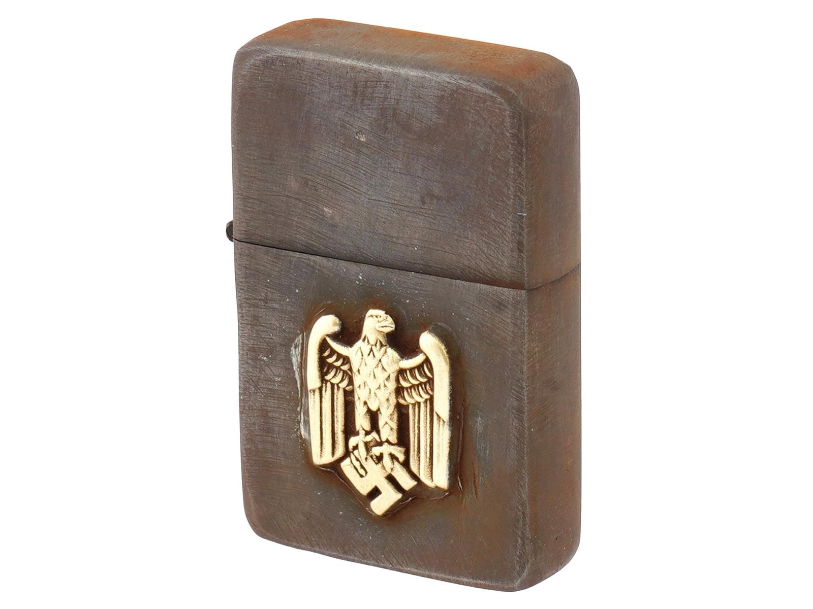 WWII MODEL GERMAN WAFFEN SS CIGARETTE LIGHTER: A World War II type Nazi German Waffen SS pocket gas lighter. Stainless steel body decorated with a gilt overlay Reichsadler and swastika. Marked RZM, 1944 on the bottom. Second World War Historical C