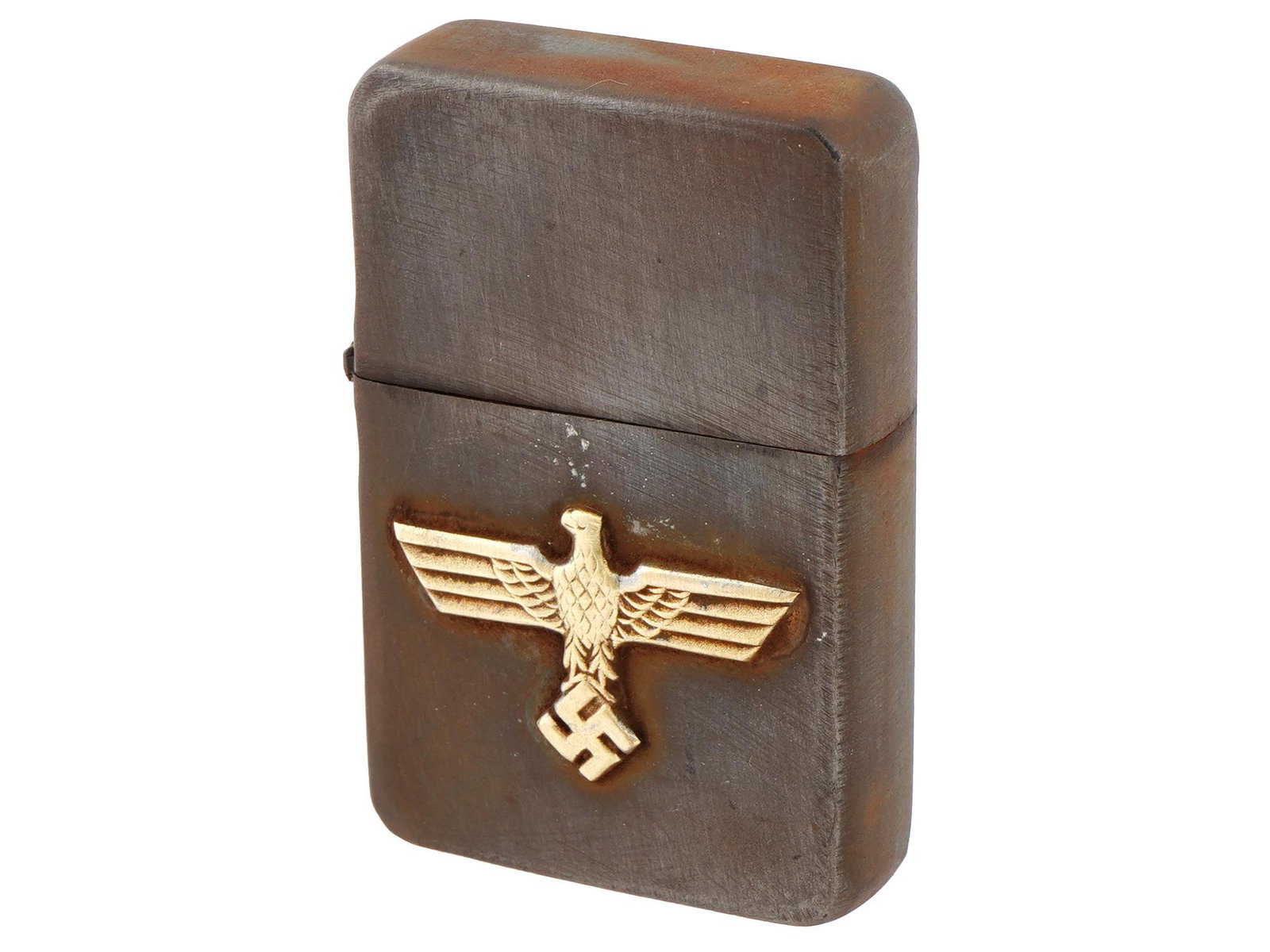 WWII MODEL GERMAN WAFFEN SS CIGARETTE LIGHTER: A World War II type Nazi German Waffen SS pocket gas lighter. Stainless steel body decorated with a gilt overlay Reichsadler and swastika. Marked RZM, 1944 on the bottom. Second World War Historical C
