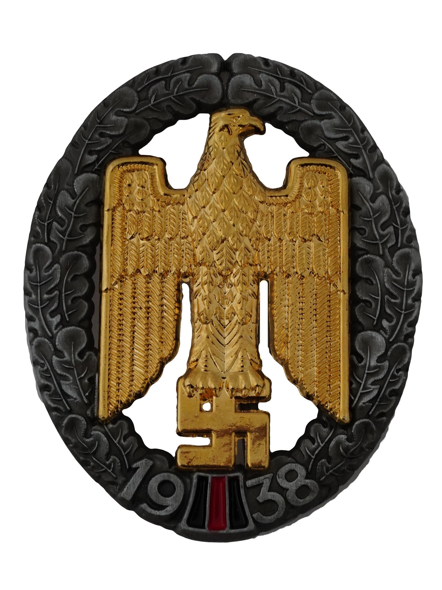 PRE WWII NAZI GERMAN GAU SUDETENLAND HONOUR BADGE: A pre WWII Nazi German Gau Sudetenland Honour badge designed as an oak leaf wreath bearing a Nazi eagle clutching a swastika, joined together at the bottom by a raised date of 1938 and two-color ename