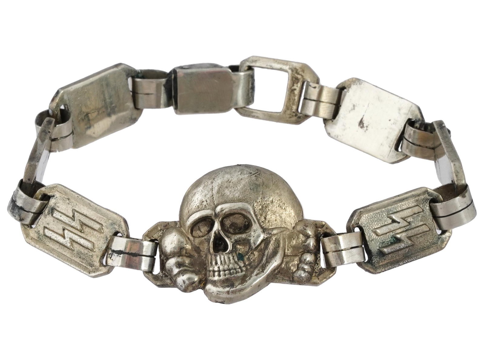GERMAN WWII TYPE WAFFEN SS TOTENKOPF BRACELET: A World War II Nazi German Waffen SS steel link bracelet. The links are decorated with relief SS runes and skulls. The central figural link represents the Totenkopf. Unmarked. Second World War Histori