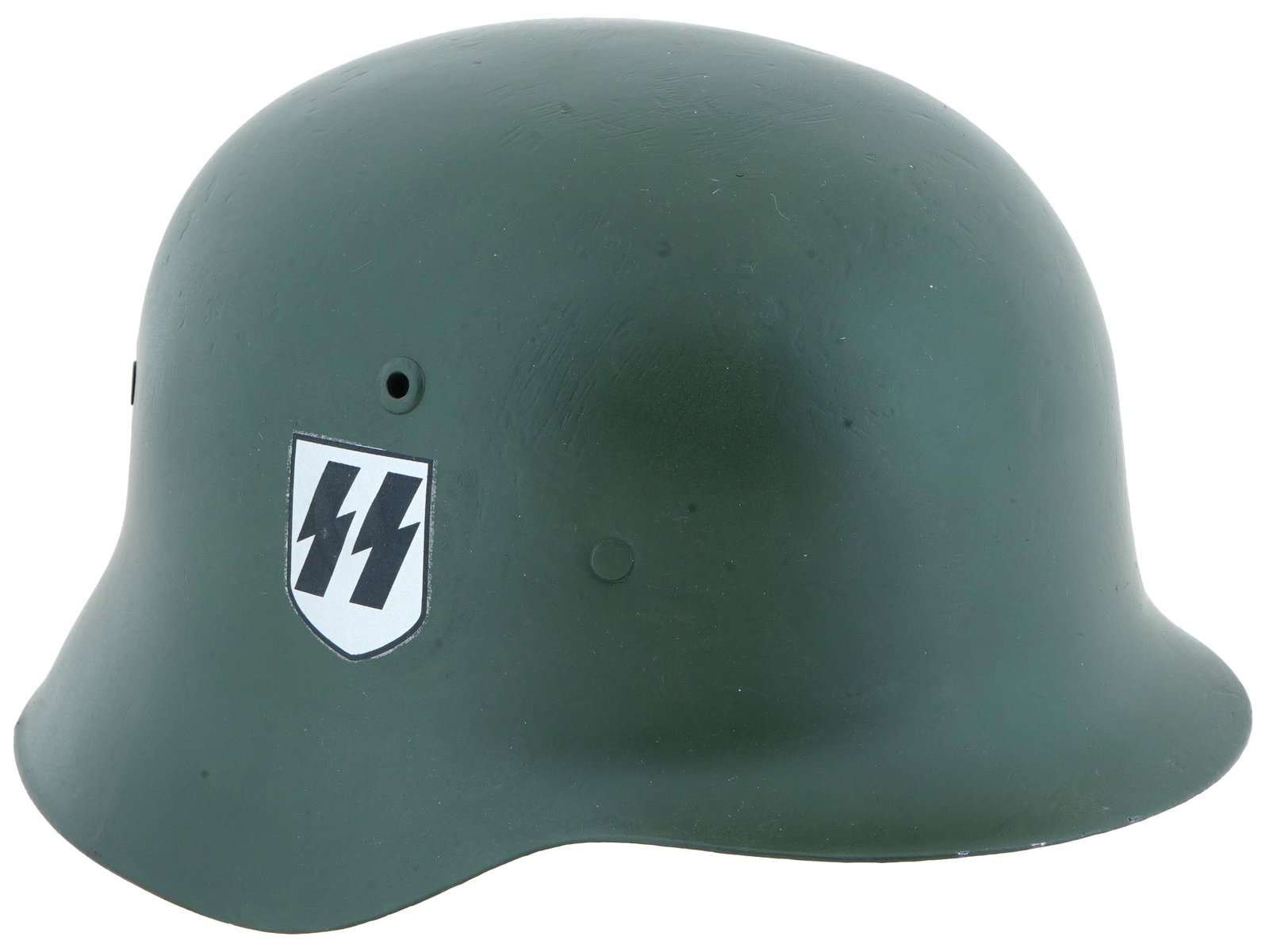 WWII MODEL GERMAN MILITARY STEEL HELMET STAHLHELM: A World War II Nazi German military helmet, the Stahlhelm. A steel helmet intended to provide protection against shrapnel and fragments of grenades. Distinctive coal scuttle shape, matte khaki color. 