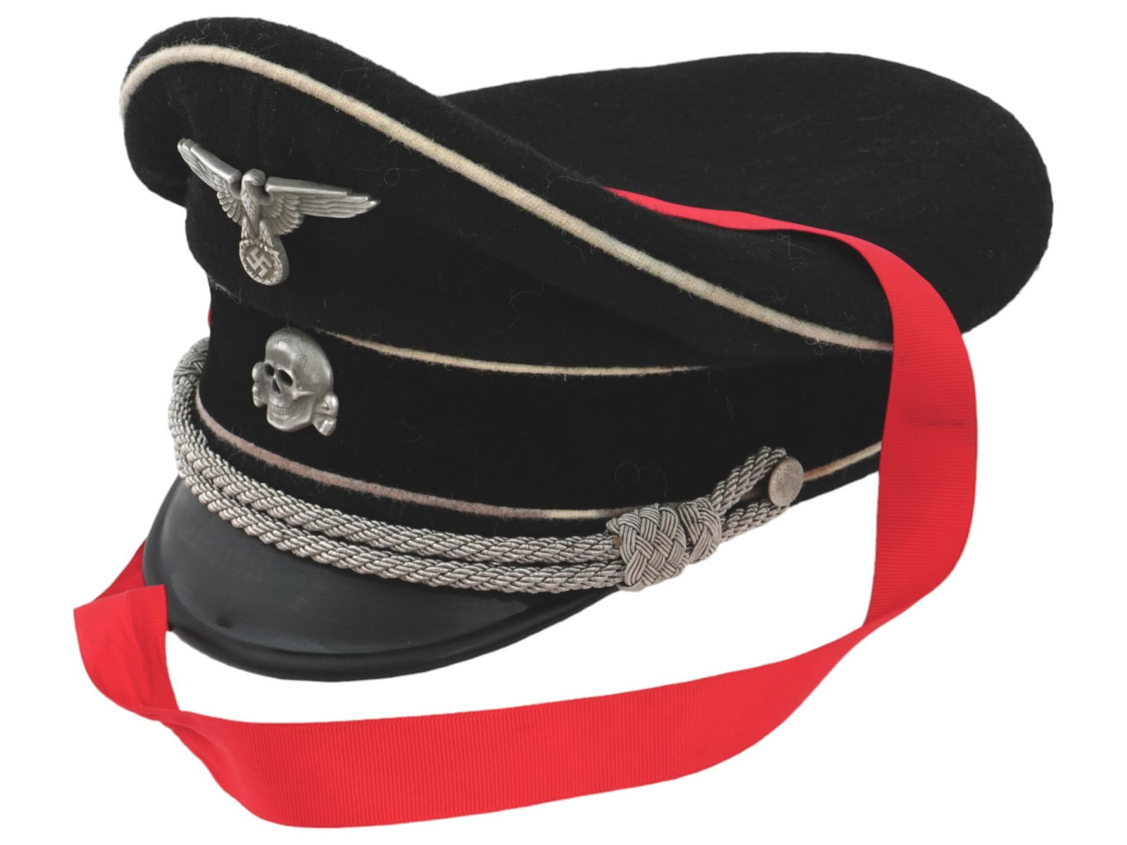 WWII TYPE GERMAN WAFFEN SS OFFICER VISOR CAP: A WWII type German Third Reich waffen SS officer visor cap. The body of the hat is made of gray wool with a black velvet band. Features a Totenkopf skull and bones emblem mounted on the front along wi