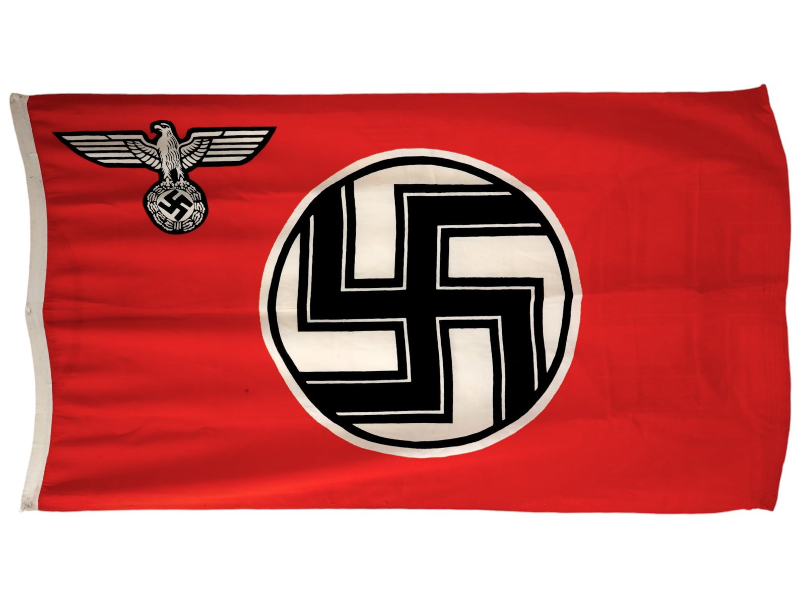 WWII GERMAN THIRD REICH STATE FLAG W CERTIFICATE: A WWII Nazi German Third Reich state service flag. Comes with Certificate of Guarantee. The state service flag die Reichsdienstflagge is a red rectangular cloth bearing in the middle on a white circle