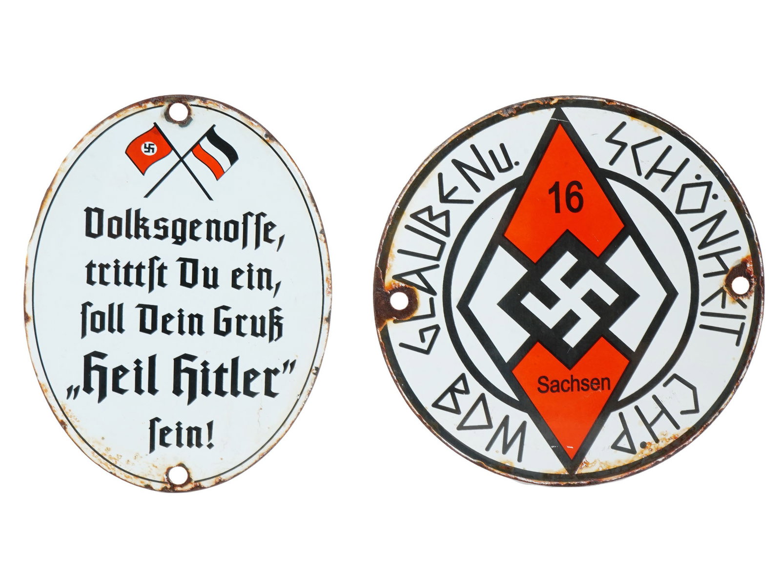 WWII NAZI GERMAN PROPAGANDA STREET SIGN PLATES: A pair of World War II Nazi German type enameled metal plate street signs. The first sign is enameled with a Third Reich flag, a flag of Yugoslavia, and the inscription: Volksgenosse, trittst Du ein, 