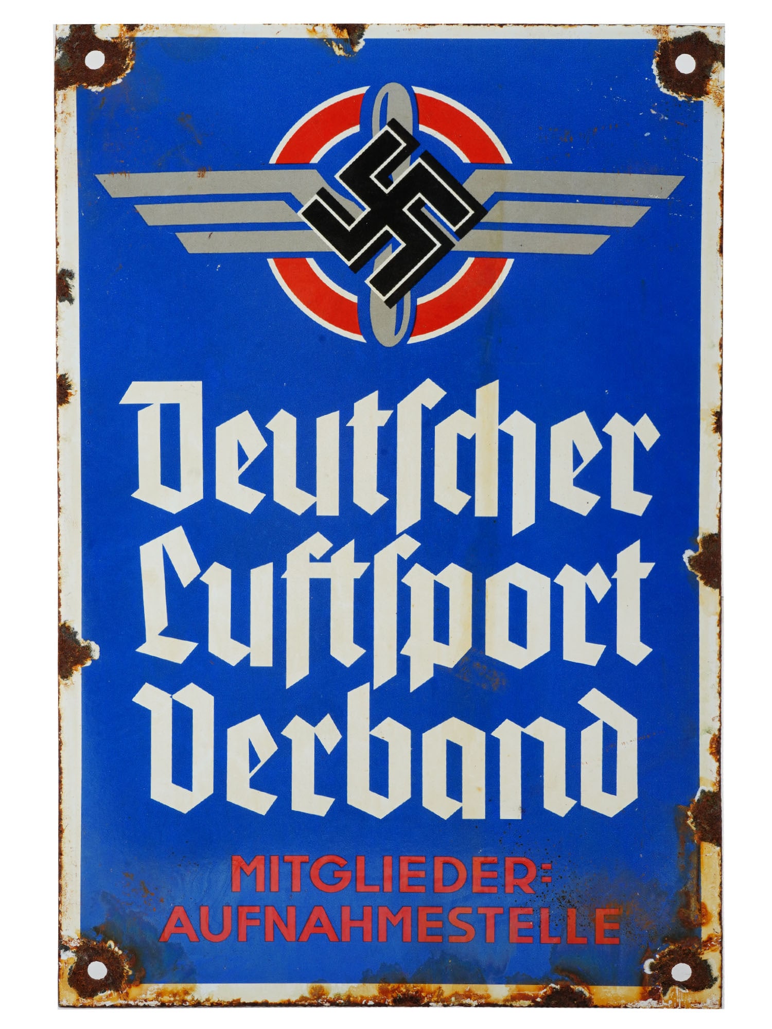 WWII NAZI GERMAN AIR SPORTS ENAMEL METAL STREET SIGN: A WWII Nazi German Third Reich type Air Sports enameled metal plate street sign. The sign is enameled with a swastika on the background of the aircraft propeller in red, white, blue and black shades, 